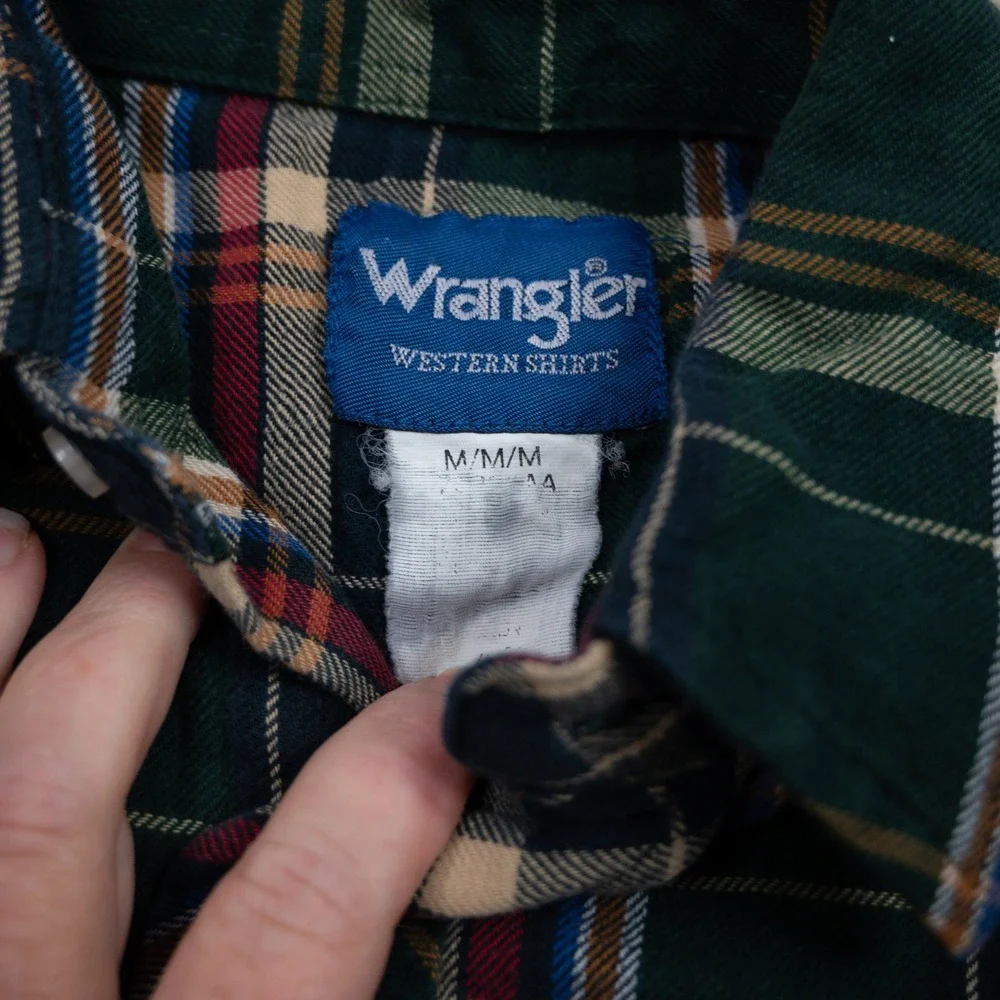 Vintage Wrangler Western Flannel Shirt Mens Medium Green Plaid‎ Pearl Snap Yoke